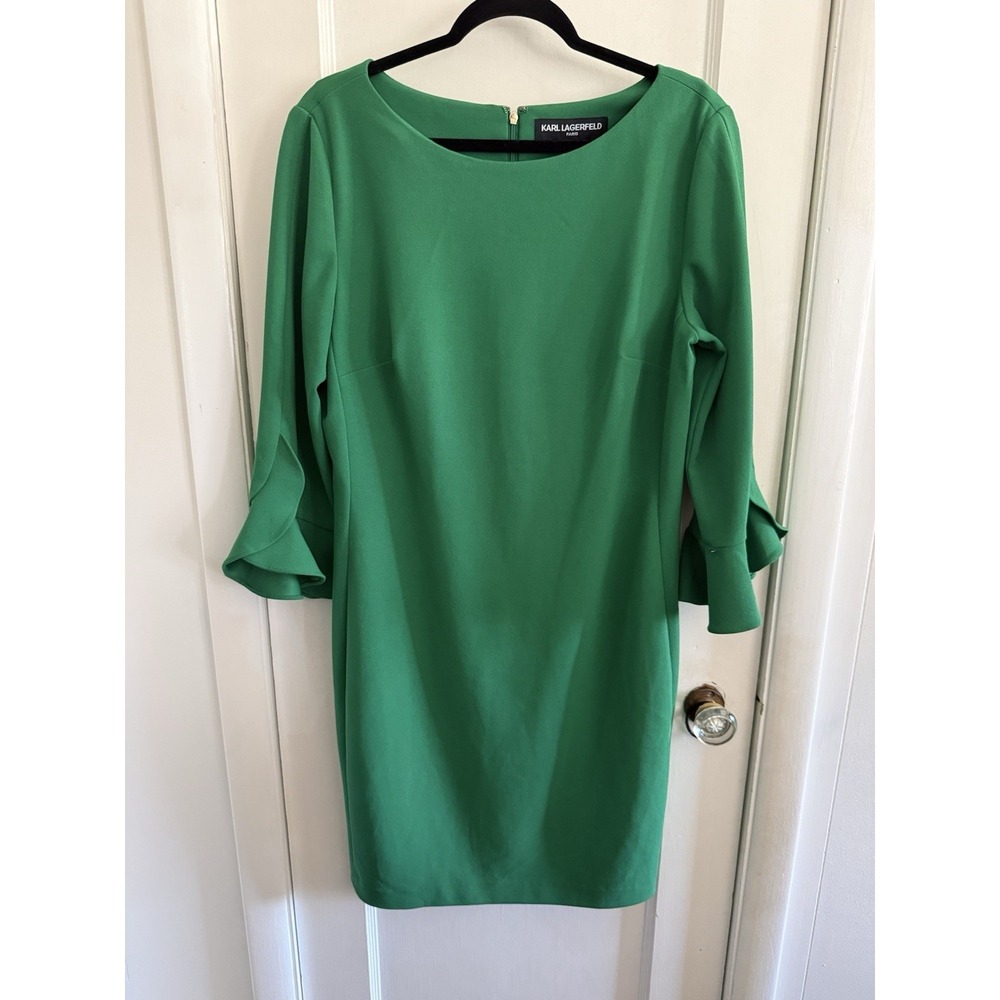 Karl Lagerfeld Paris Kelly Green Crepe Sheath Midi Dress Tulip Sleeve Size 12